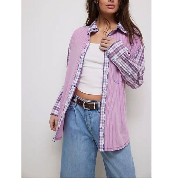 Free People We the Free Montauk Gingham Button down Shirt Pink/Blue Combo NWOT - Picture 2 of 6